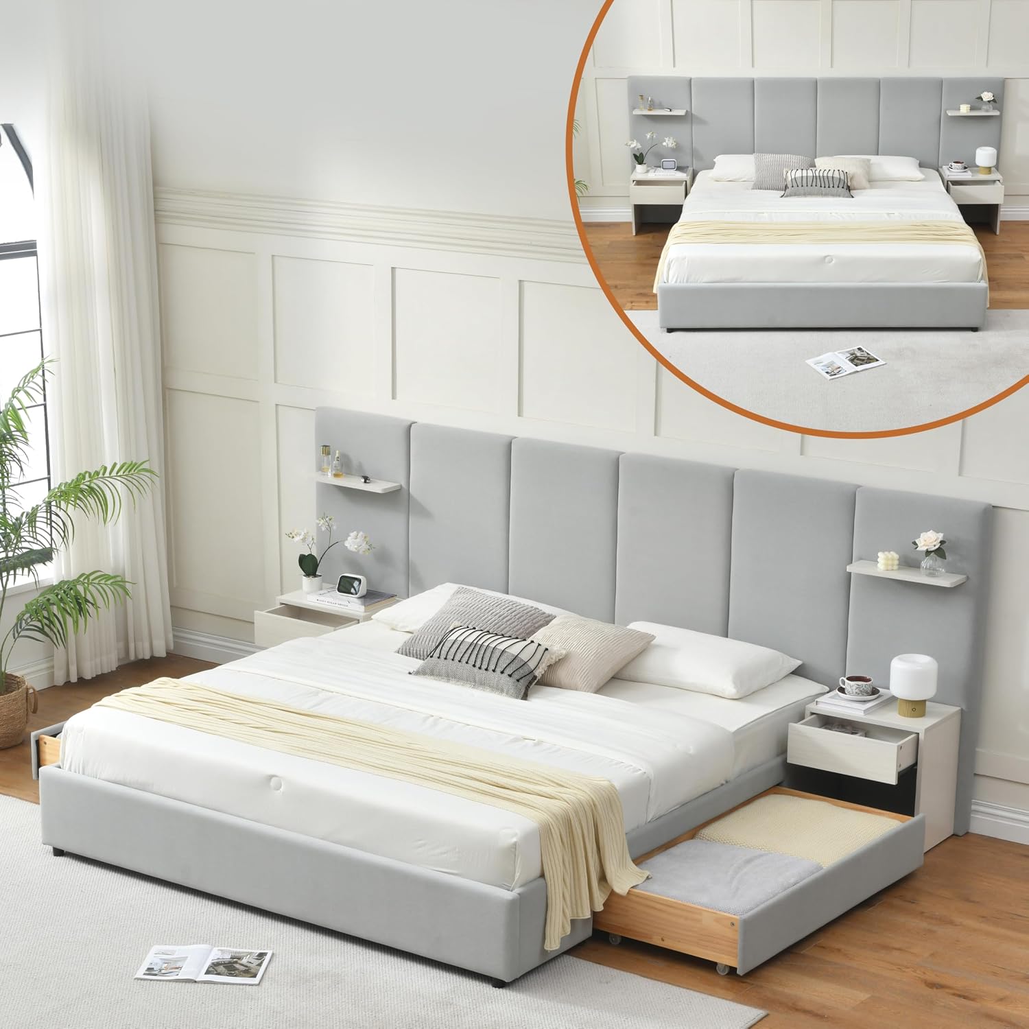 King Size Bed Frame With Storage Drawers - Letto matrimoniale con contenitore, comodini e