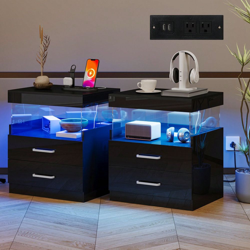 Floating Nightstand With Led Light - Comodino Nero con LED e Stazione