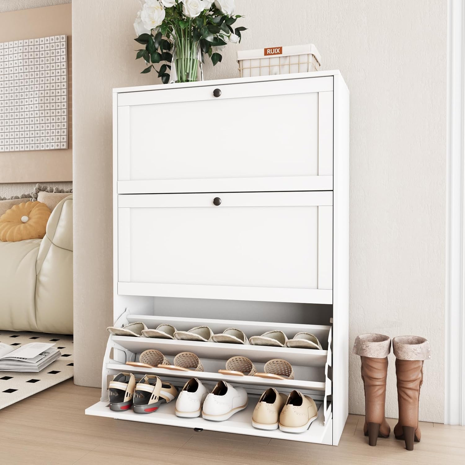 Shoe Rack Cabinet Narrow Entryway - Mobiletto Portascarpe, Organizzatore con Tre Cassetti