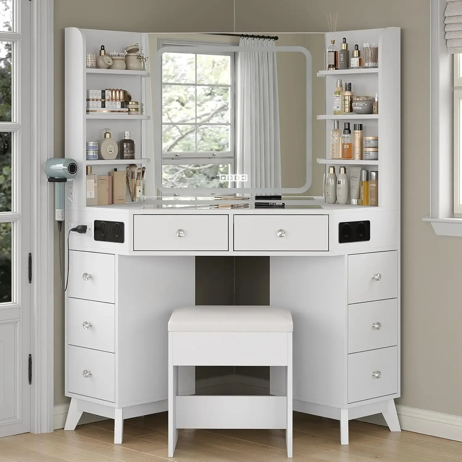 Dressing Table Vanity With Lighted Mirror - Toeletta angolare bianca con specchio illuminato,