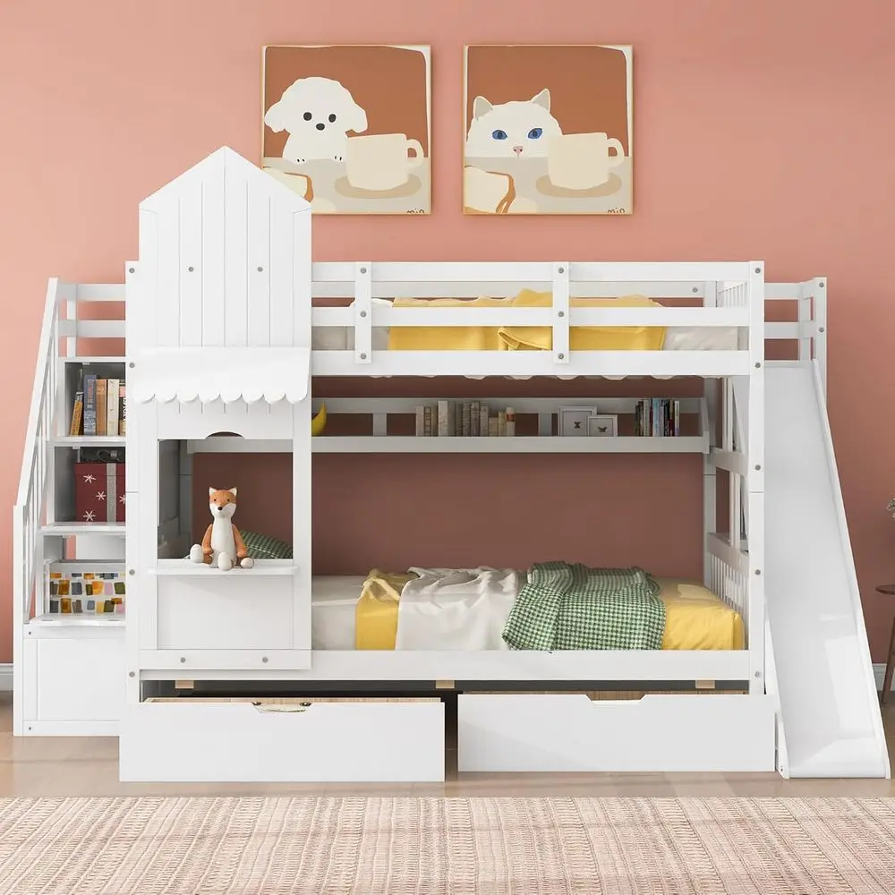 Bunk Bed With Stairs And Slide - Letto a Castello Bianco per Bambini