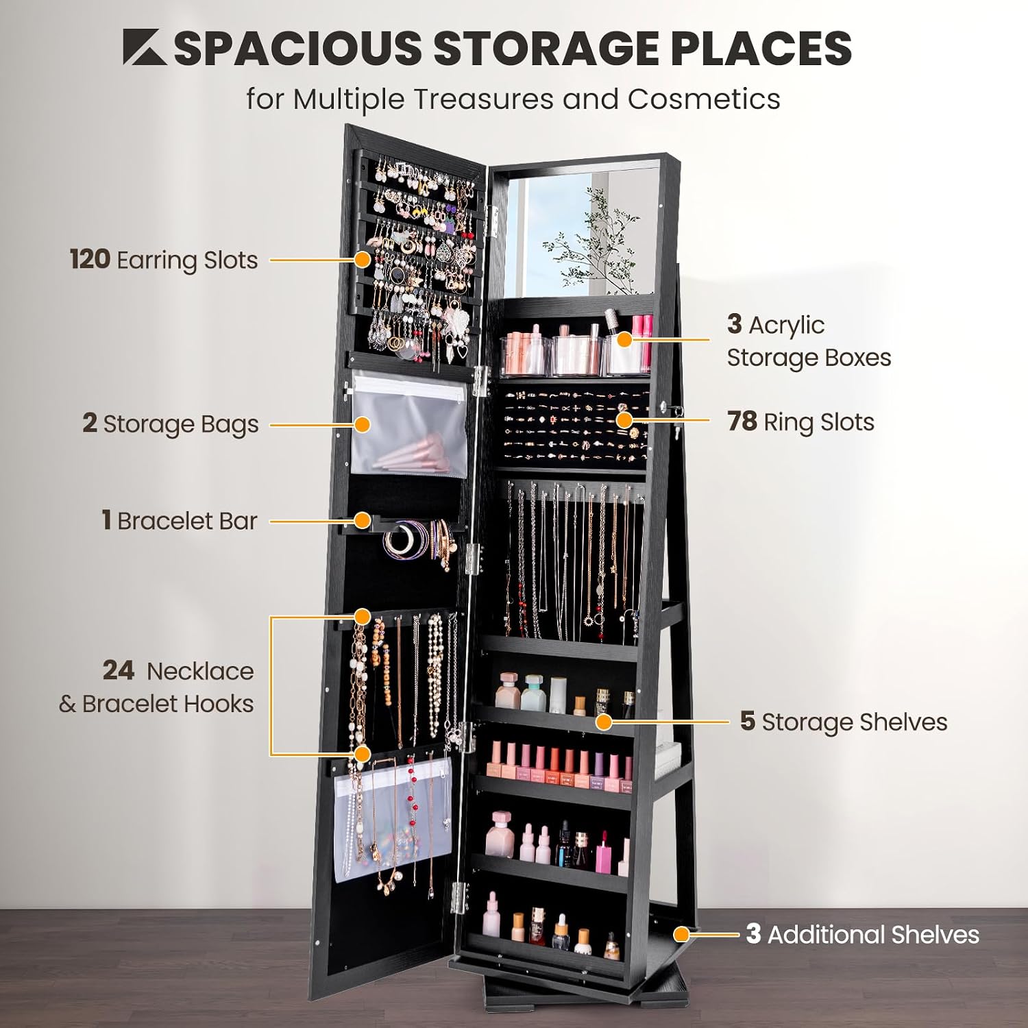 Armadio Portagioie Nero con Sp - Full Length Mirror Jewelry Armoire recensione e prezzo